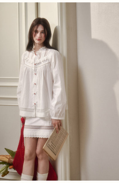 Ruffled Neck Puff-Sleeve Cotton Blouse & Skirt