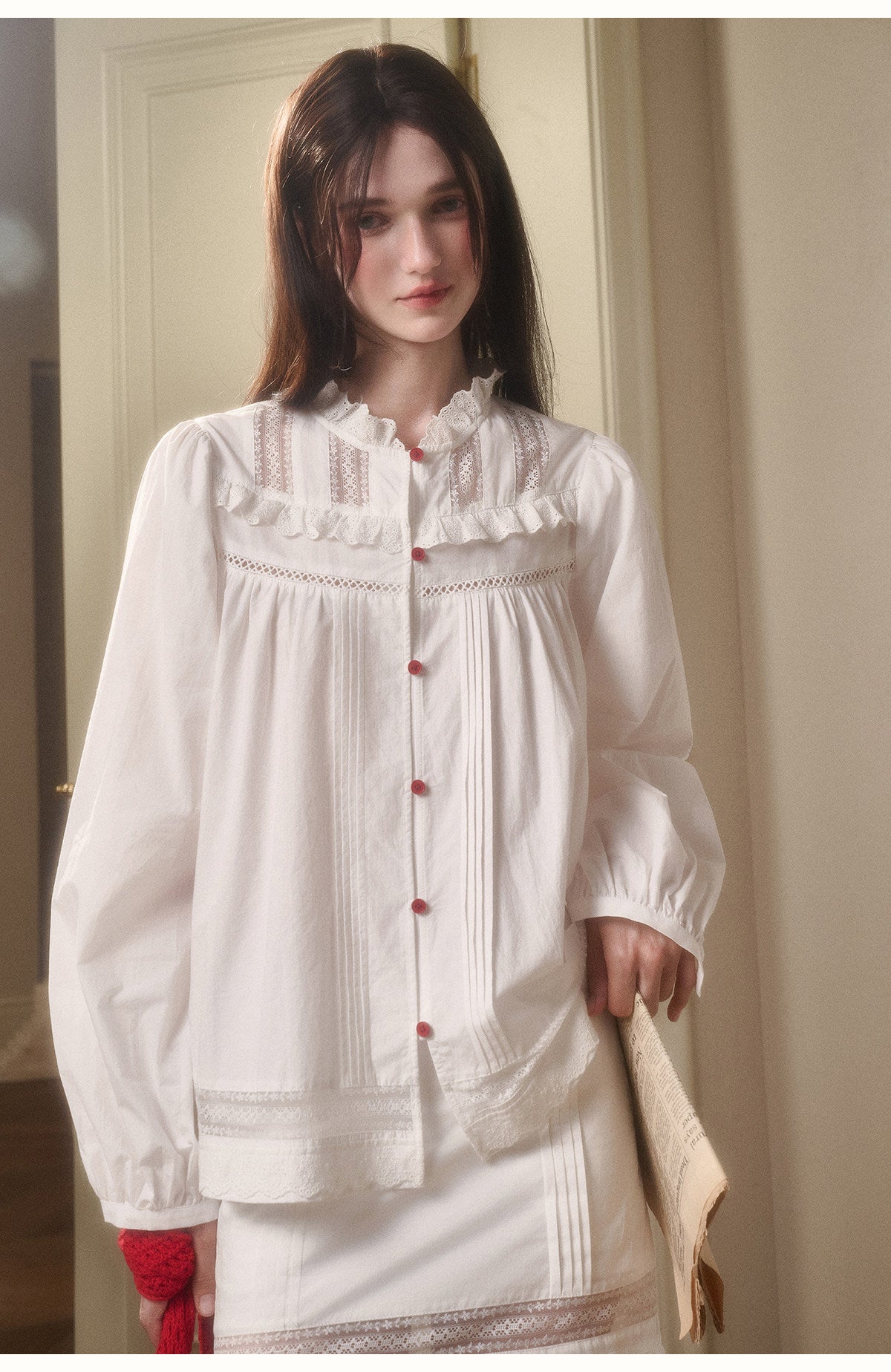 Ruffled Neck Puff-Sleeve Cotton Blouse & Skirt