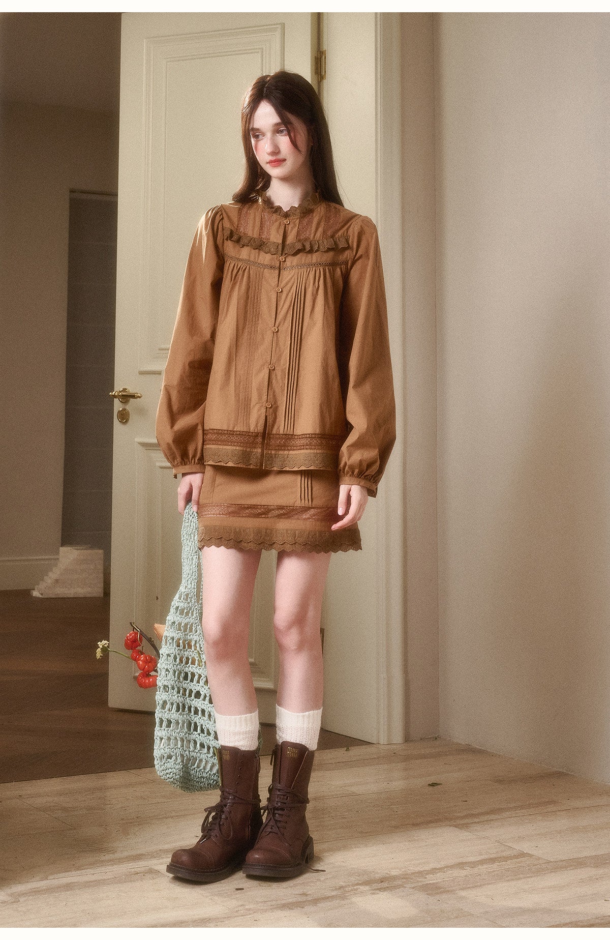 Ruffled Neck Puff-Sleeve Cotton Blouse & Skirt