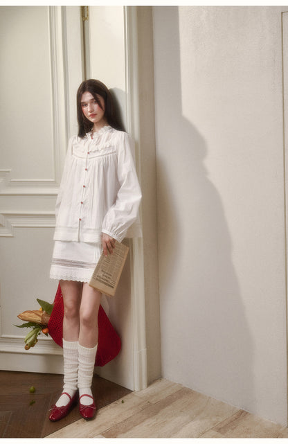 Ruffled Neck Puff-Sleeve Cotton Blouse & Skirt