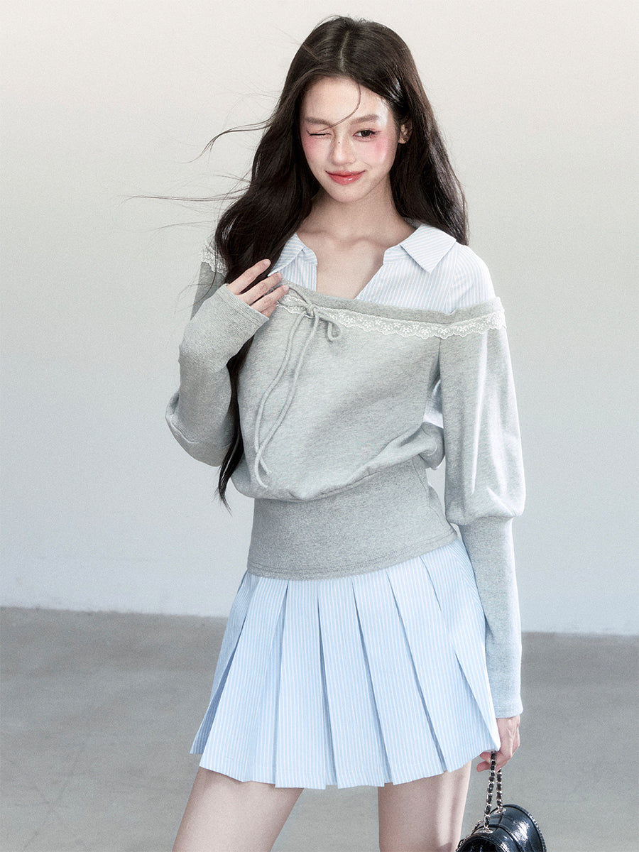 Faux Layered Off-Shoulder Sweatshirt & Striped Pleated Skirt