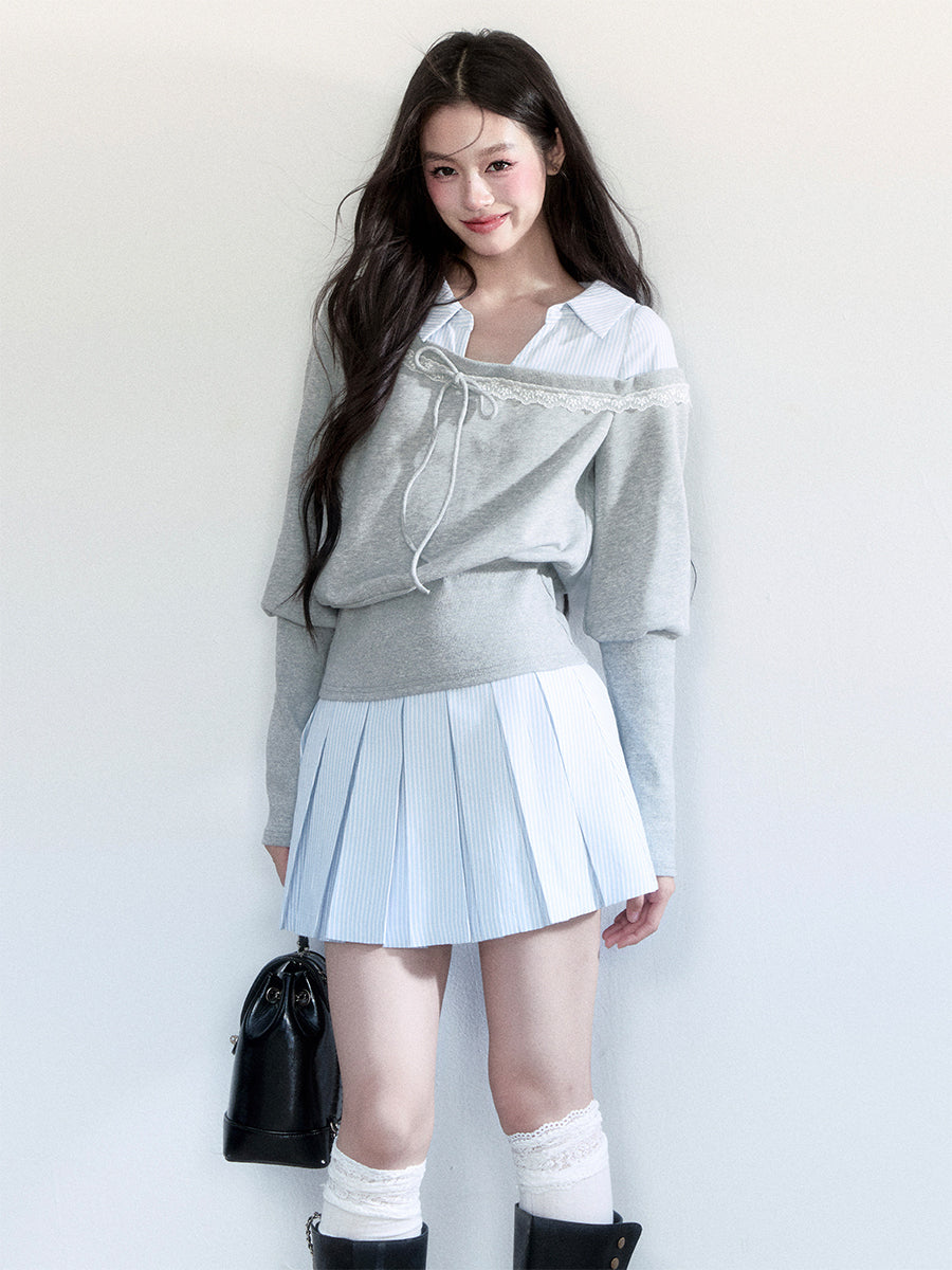 Faux Layered Off-Shoulder Sweatshirt & Striped Pleated Skirt