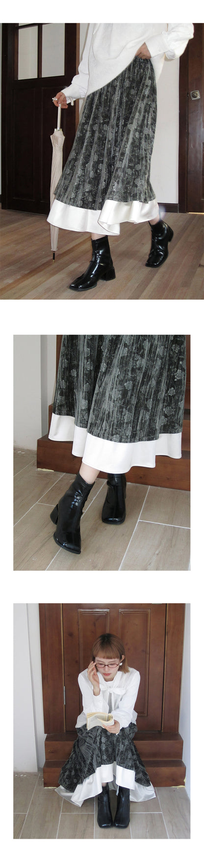 Velvet Floral Embossed Skirt With Elastic Waist