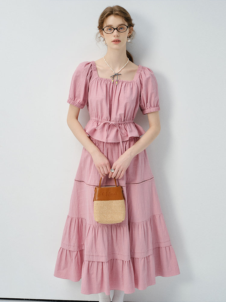 Textured Puff-Sleeve Cotton Blouse With Tie Waist