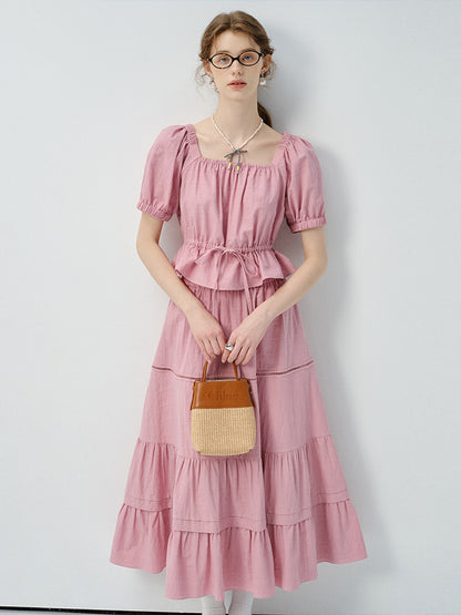 Textured Puff-Sleeve Cotton Blouse With Tie Waist