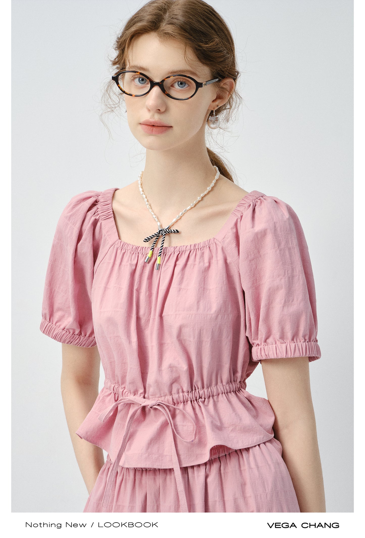 Textured Puff-Sleeve Cotton Blouse With Tie Waist