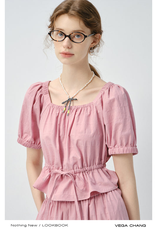 Textured Puff-Sleeve Cotton Blouse With Tie Waist