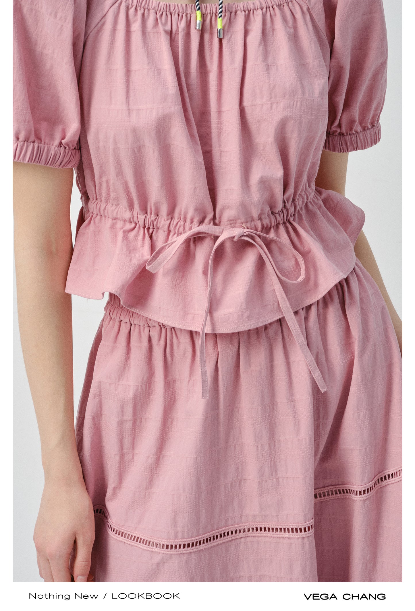 Textured Puff-Sleeve Cotton Blouse With Tie Waist