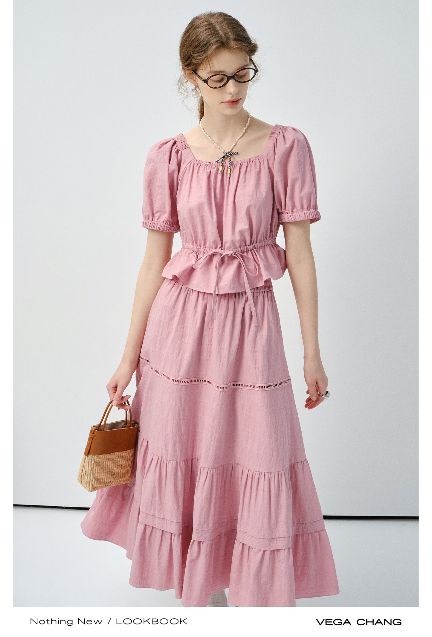 Textured Puff-Sleeve Cotton Blouse With Tie Waist