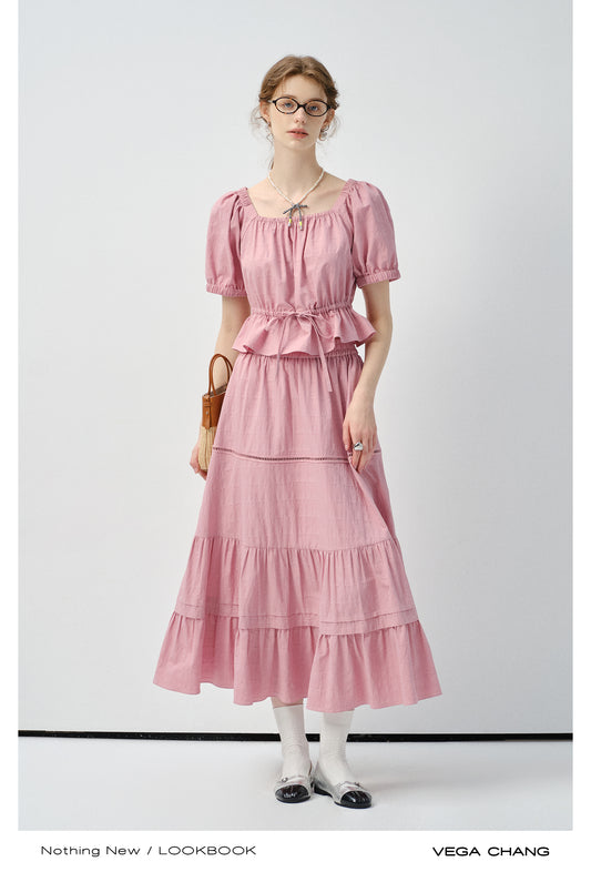 Textured Puff-Sleeve Cotton Blouse With Tie Waist