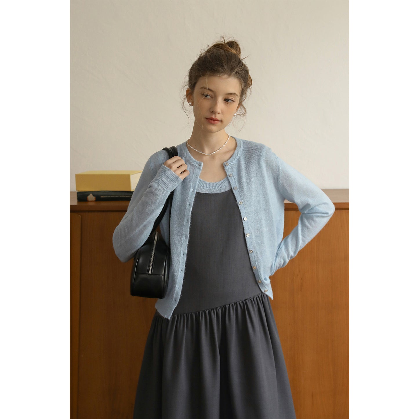 Knit Cardigan With Shell Buttons & Sleeveless Top