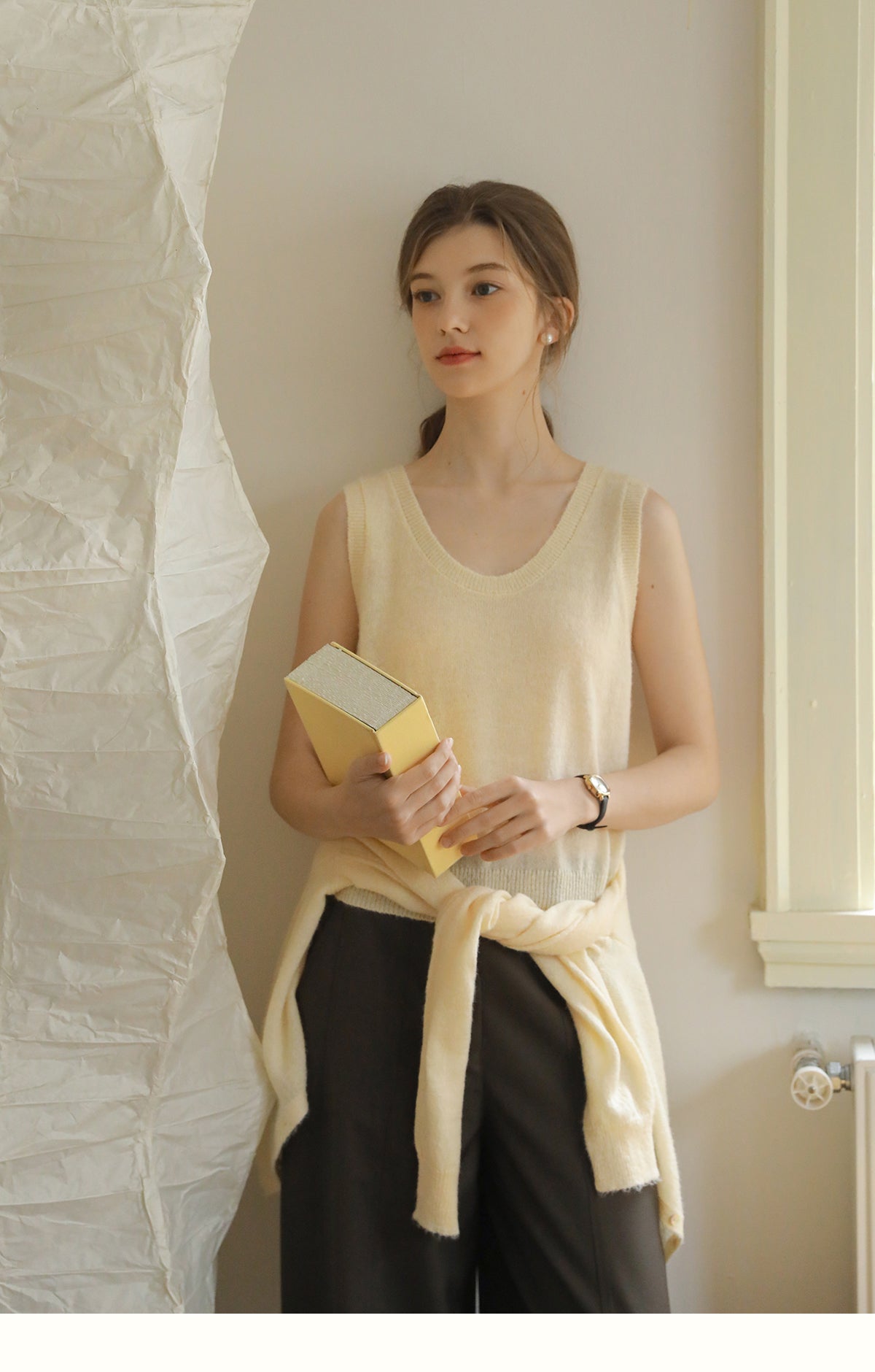 Knit Cardigan With Shell Buttons & Sleeveless Top