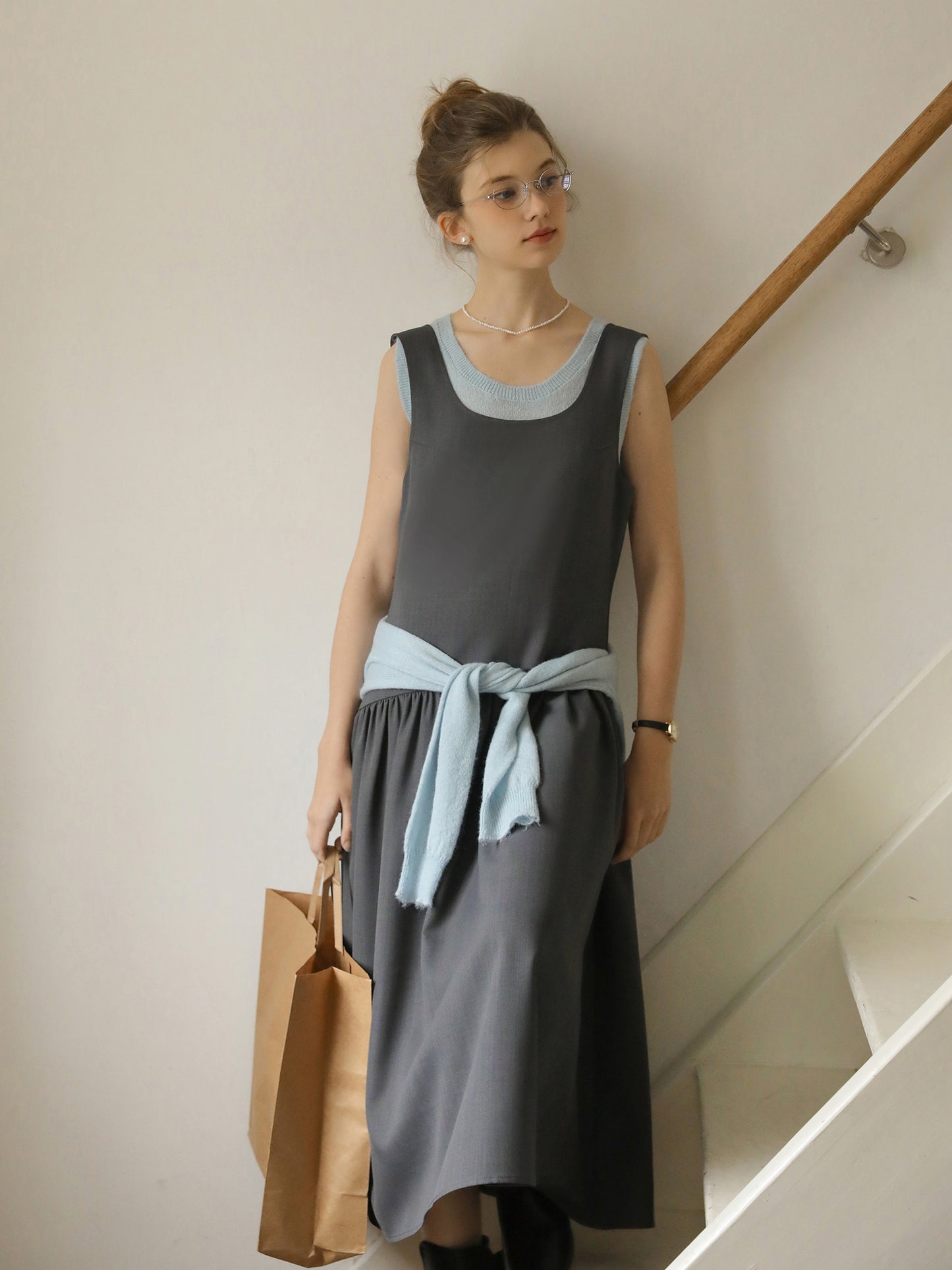 Knit Cardigan With Shell Buttons & Sleeveless Top