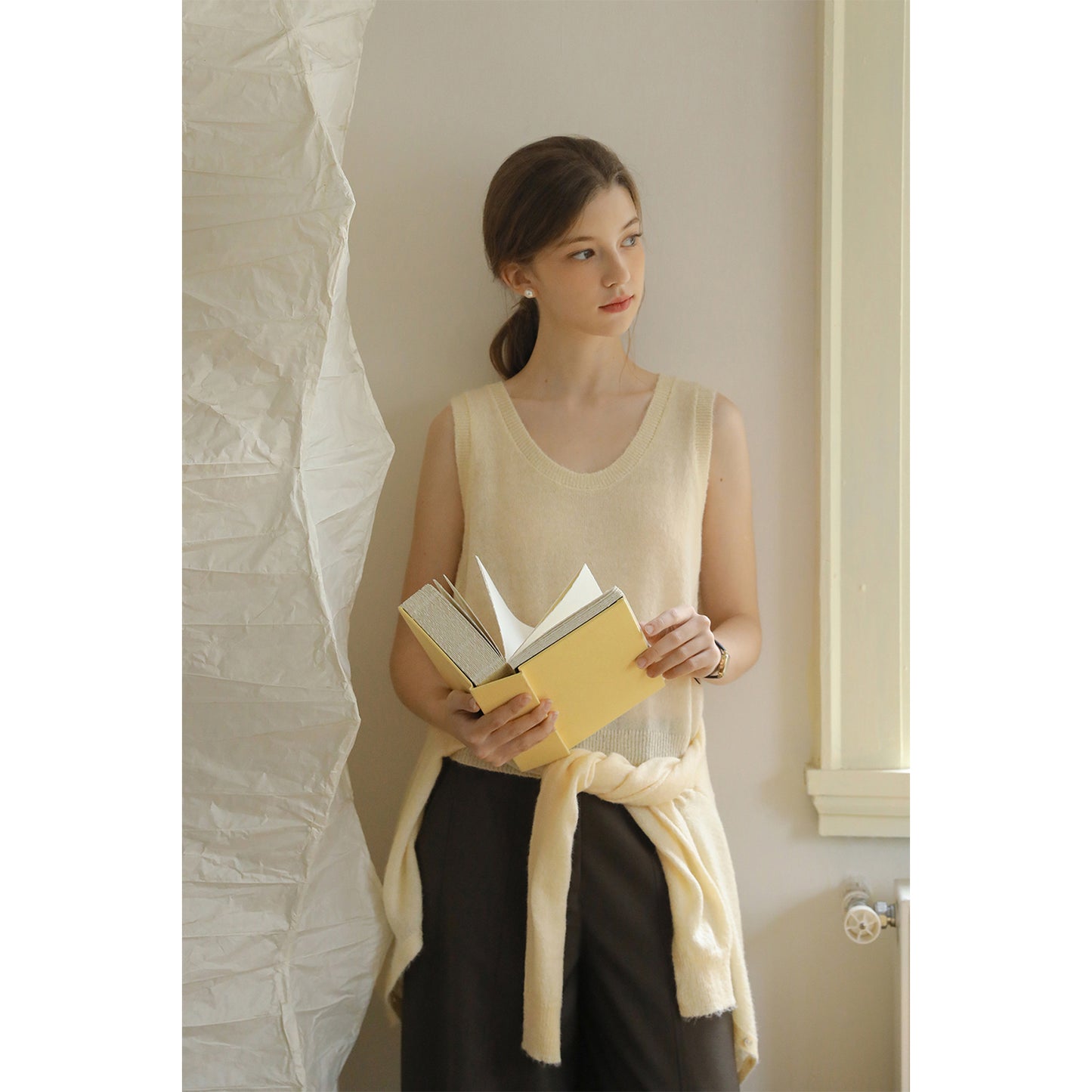 Knit Cardigan With Shell Buttons & Sleeveless Top
