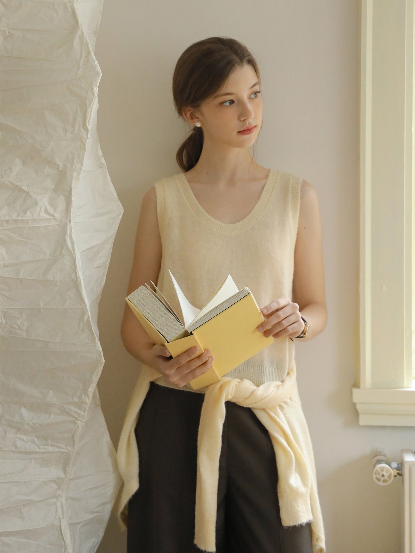 Knit Cardigan With Shell Buttons & Sleeveless Top