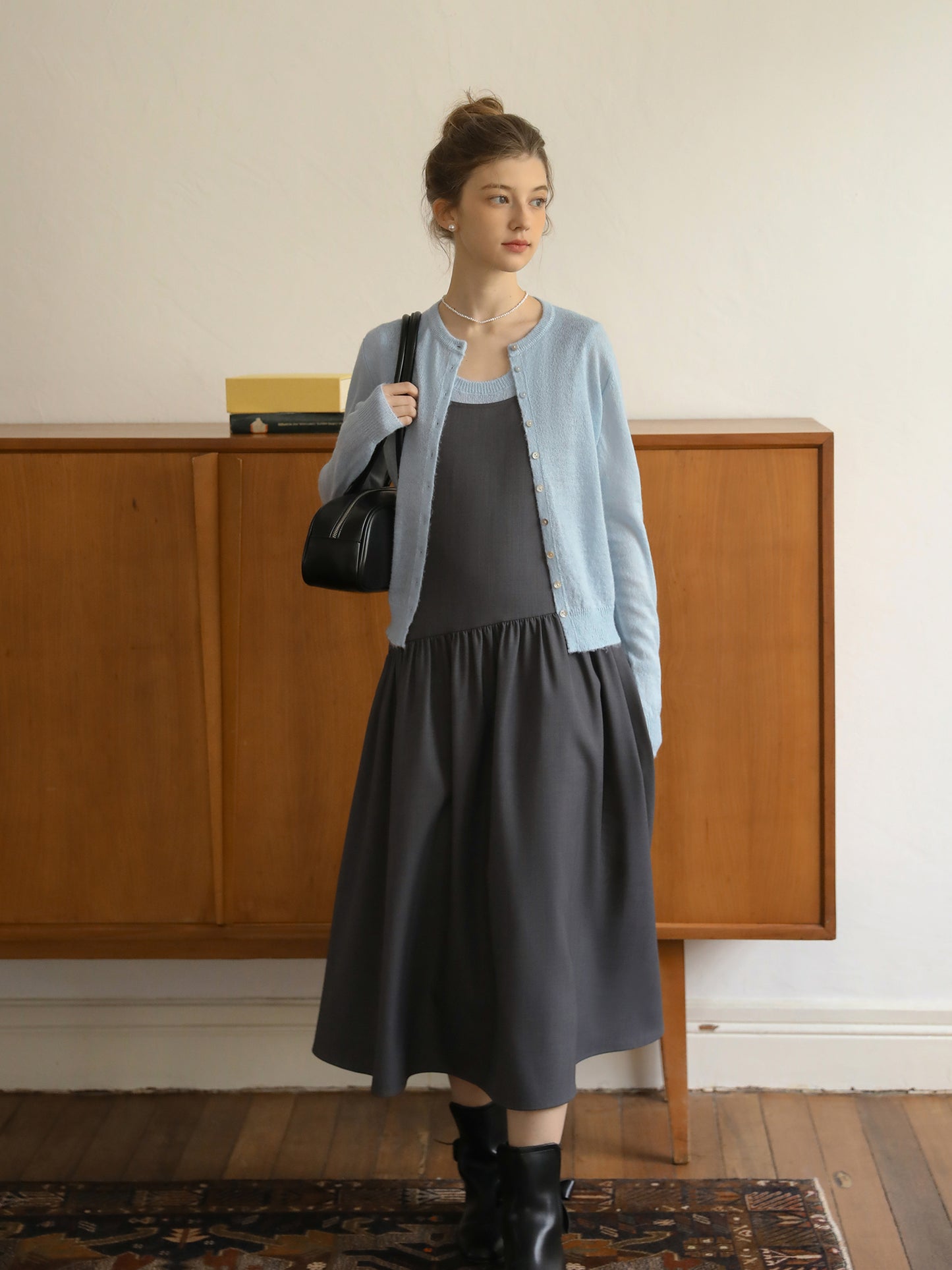 Knit Cardigan With Shell Buttons & Sleeveless Top