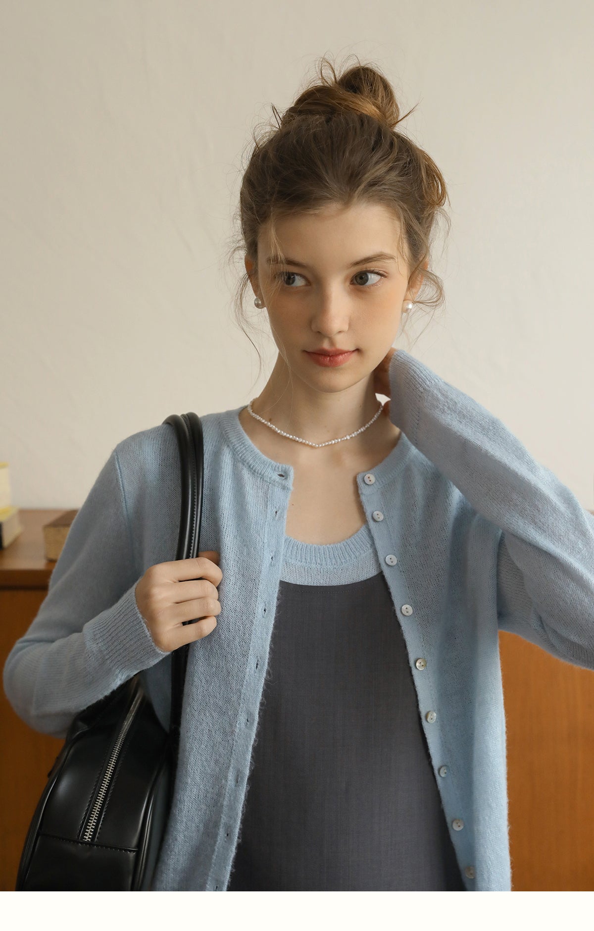 Knit Cardigan With Shell Buttons & Sleeveless Top