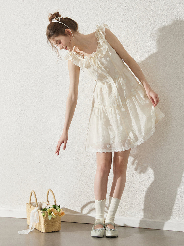 Textured Chiffon Dress With Floral Embellishments