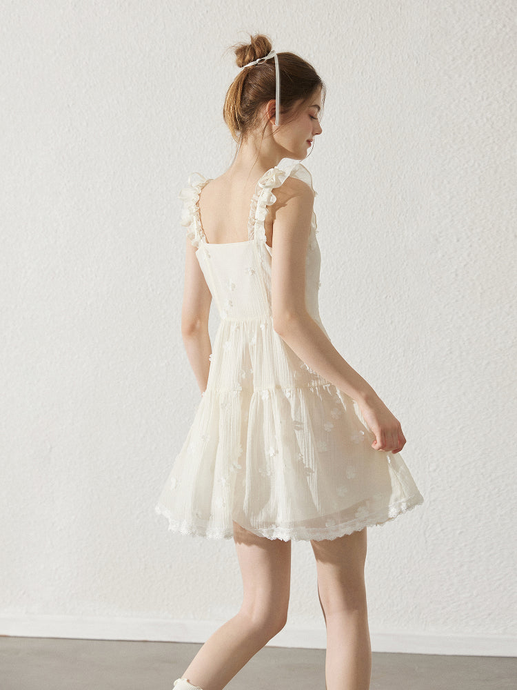 Textured Chiffon Dress With Floral Embellishments