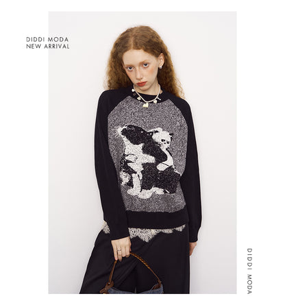 Monochrome Cat Motif Knit Raglan Sweater