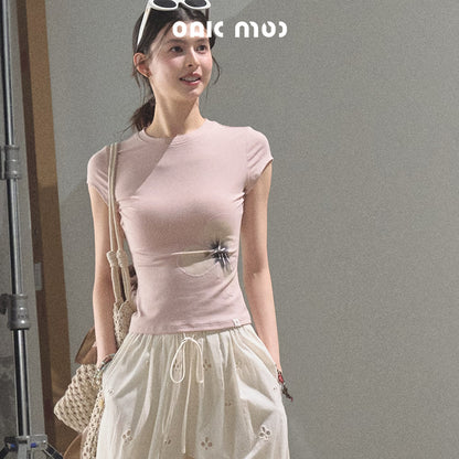 Flower Print Cap-Sleeve Fitted T-Shirt