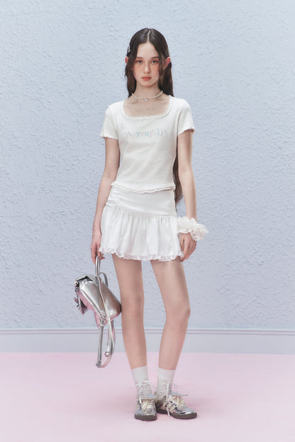 Embroidered Fitted Tee With Curved Hem