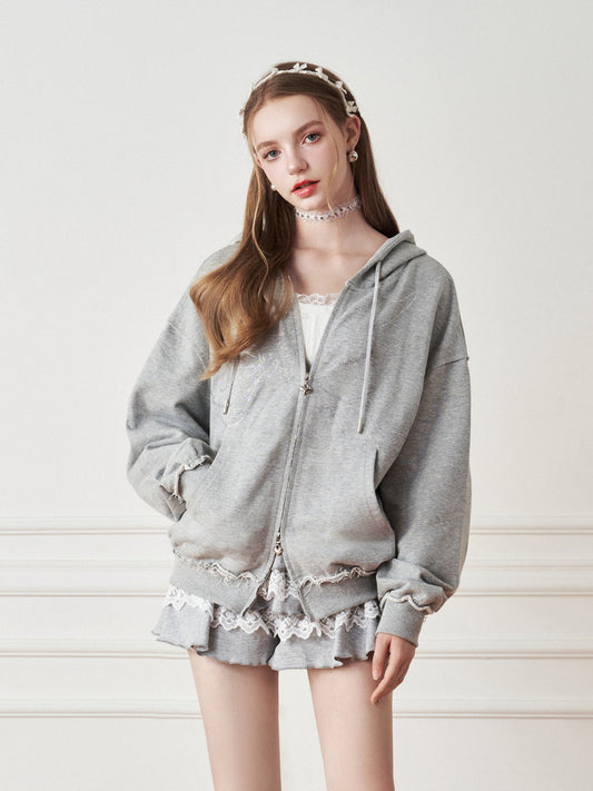 Studded Bow Zip-Up Hoodie With Raw Edges