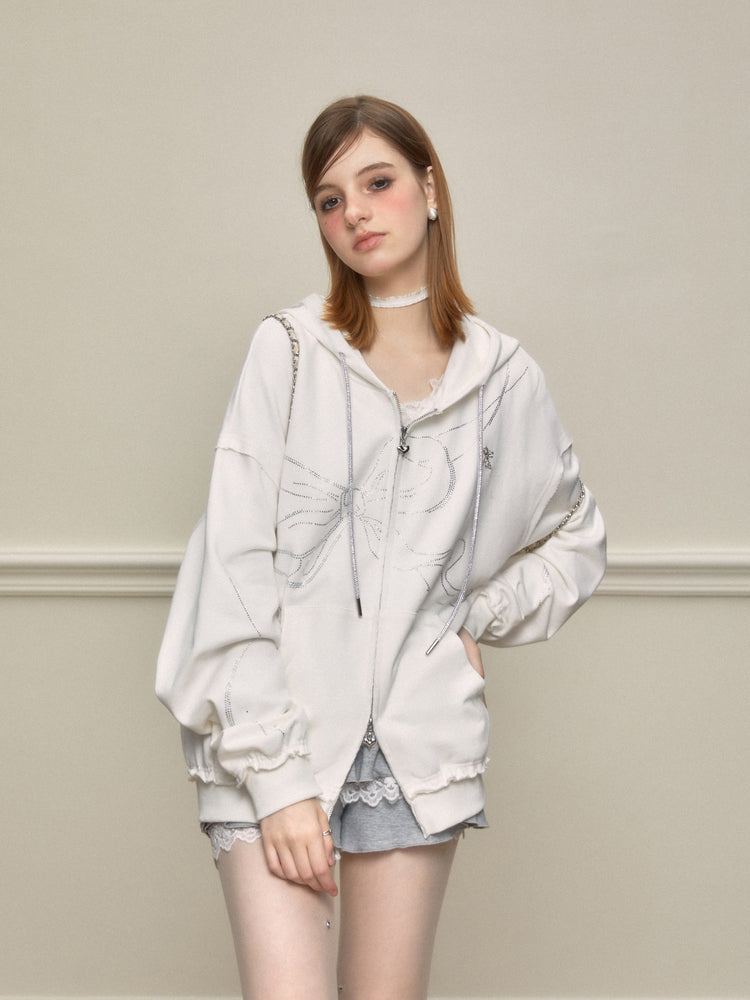 Studded Bow Zip-Up Hoodie With Raw Edges