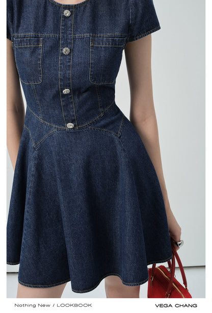 Puff-Sleeve Denim Flare Dress