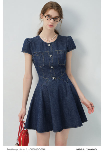Puff-Sleeve Denim Flare Dress