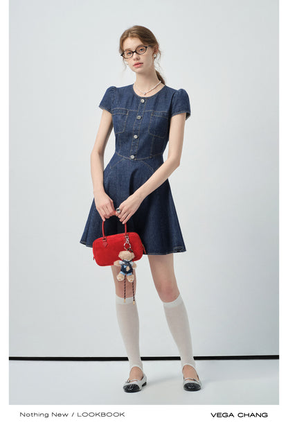 Puff-Sleeve Denim Flare Dress