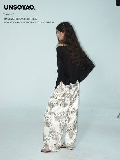 Satin Wide-Leg Pants With Leopard Butterfly Print