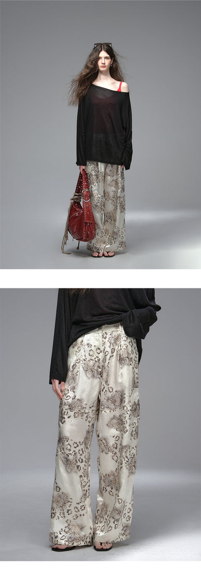 Satin Wide-Leg Pants With Leopard Butterfly Print