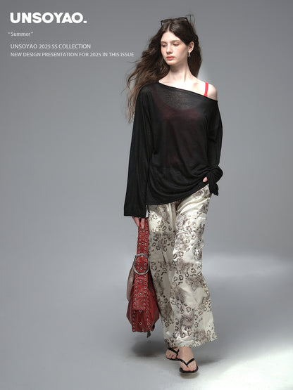Satin Wide-Leg Pants With Leopard Butterfly Print