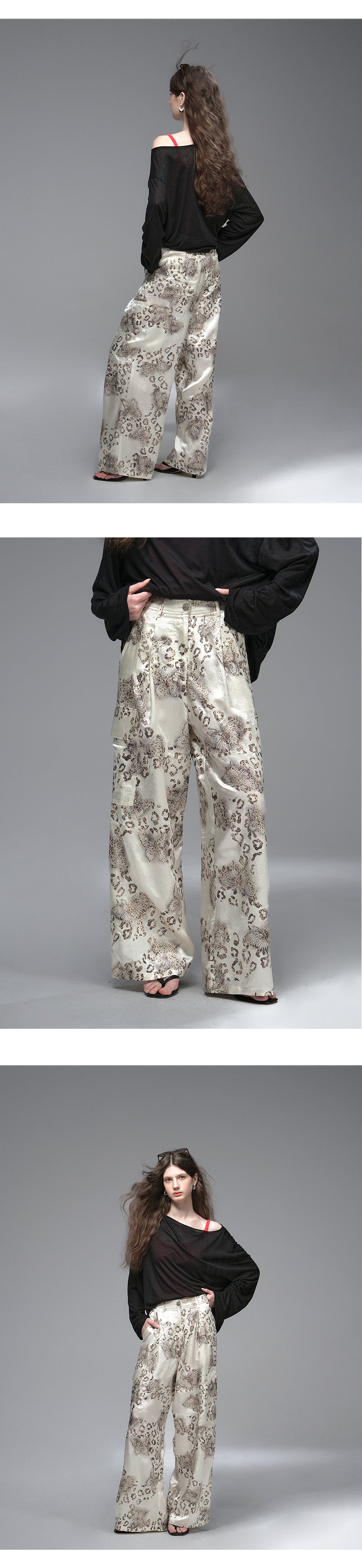 Satin Wide-Leg Pants With Leopard Butterfly Print