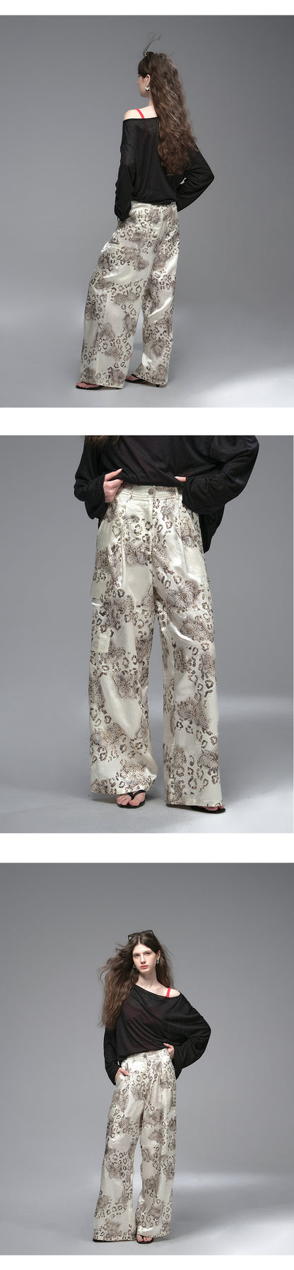 Satin Wide-Leg Pants With Leopard Butterfly Print