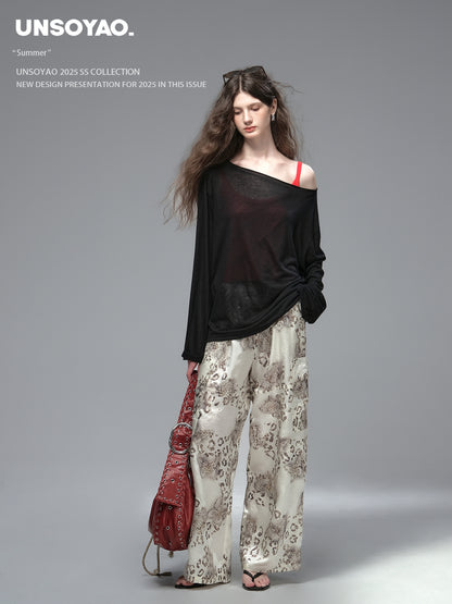 Satin Wide-Leg Pants With Leopard Butterfly Print