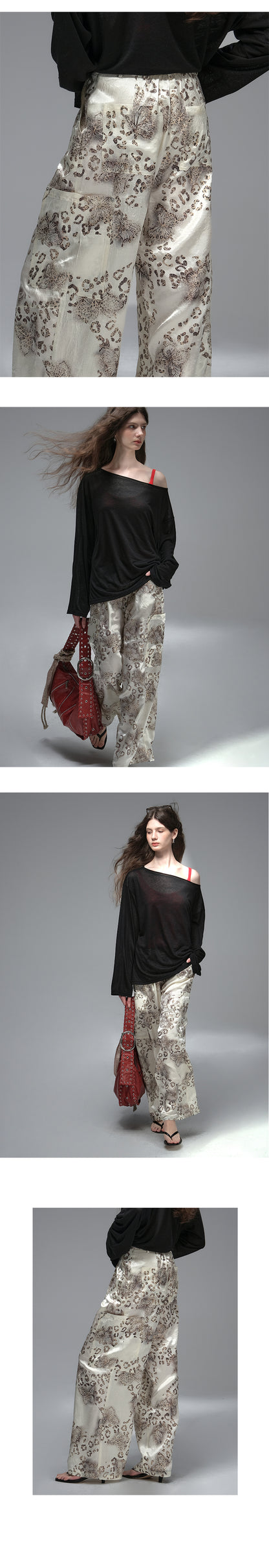 Satin Wide-Leg Pants With Leopard Butterfly Print