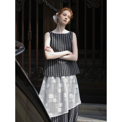 Striped Sleeveless Top & Matching Lace Layered Skirt