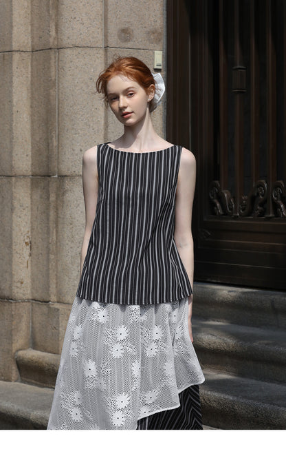 Striped Sleeveless Top & Matching Lace Layered Skirt