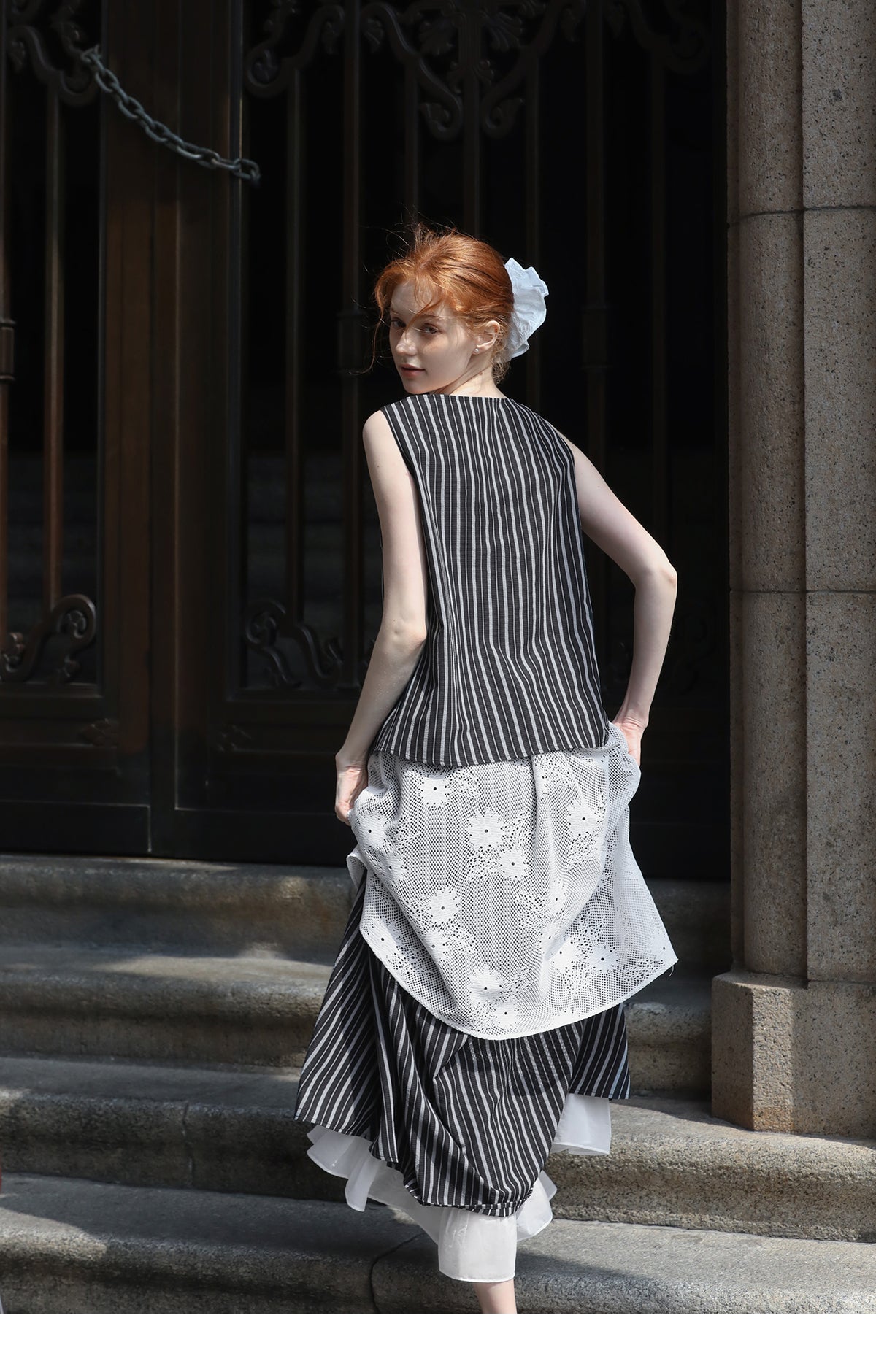 Striped Sleeveless Top & Matching Lace Layered Skirt