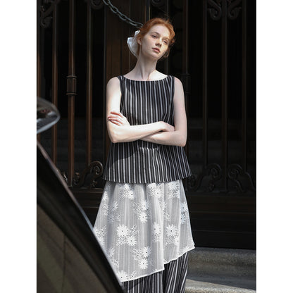 Striped Sleeveless Top & Matching Lace Layered Skirt