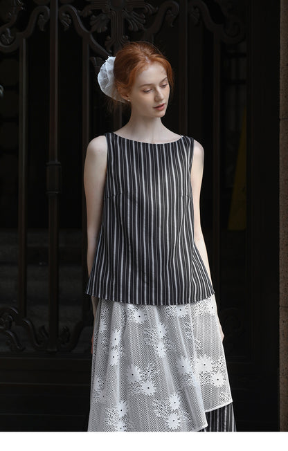 Striped Sleeveless Top & Matching Lace Layered Skirt