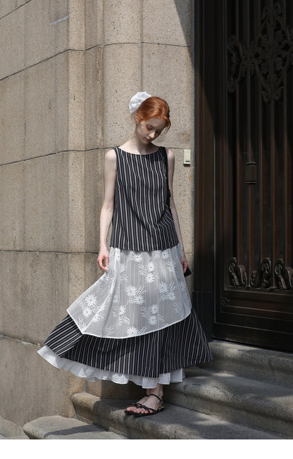 Striped Sleeveless Top & Matching Lace Layered Skirt