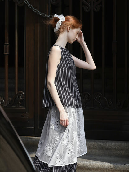 Striped Sleeveless Top & Matching Lace Layered Skirt