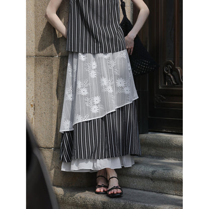 Striped Sleeveless Top & Matching Lace Layered Skirt