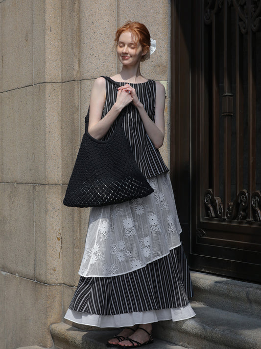 Striped Sleeveless Top & Matching Lace Layered Skirt