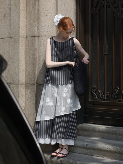 Striped Sleeveless Top & Matching Lace Layered Skirt