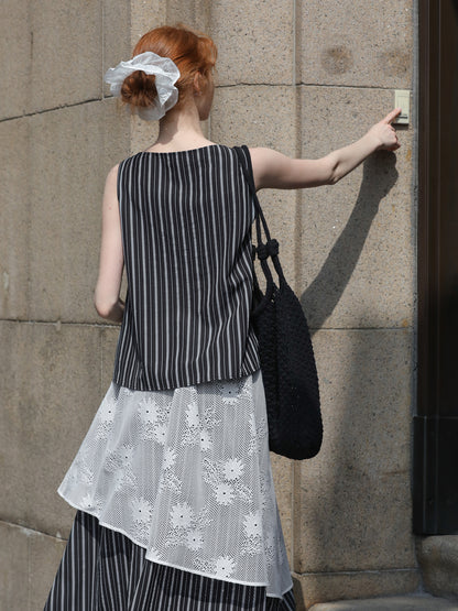 Striped Sleeveless Top & Matching Lace Layered Skirt