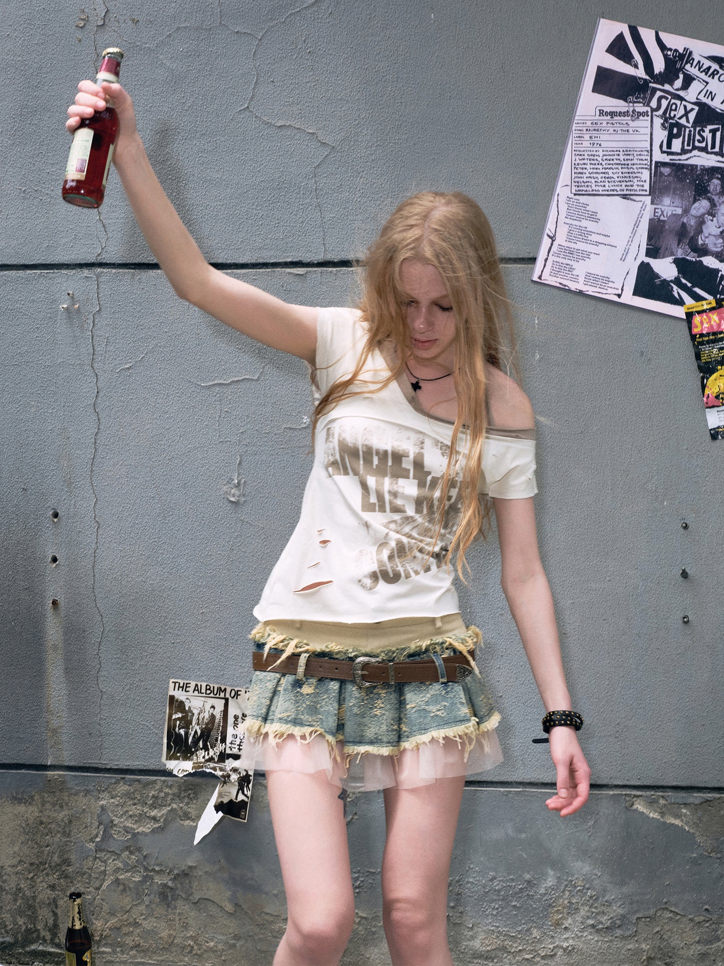 Mixed Fabric Fringed Denim Mini Skirt